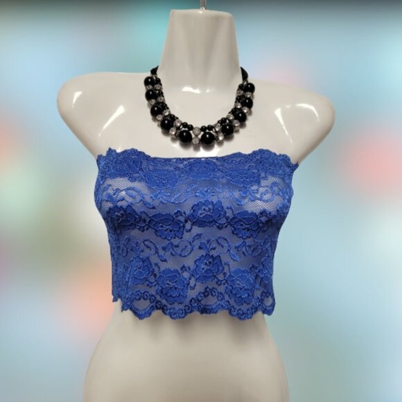 Blue See Through Elastic Lace Bandeau Strapless Lace Tube Top Lace Crop Top - Picture 1 of 8